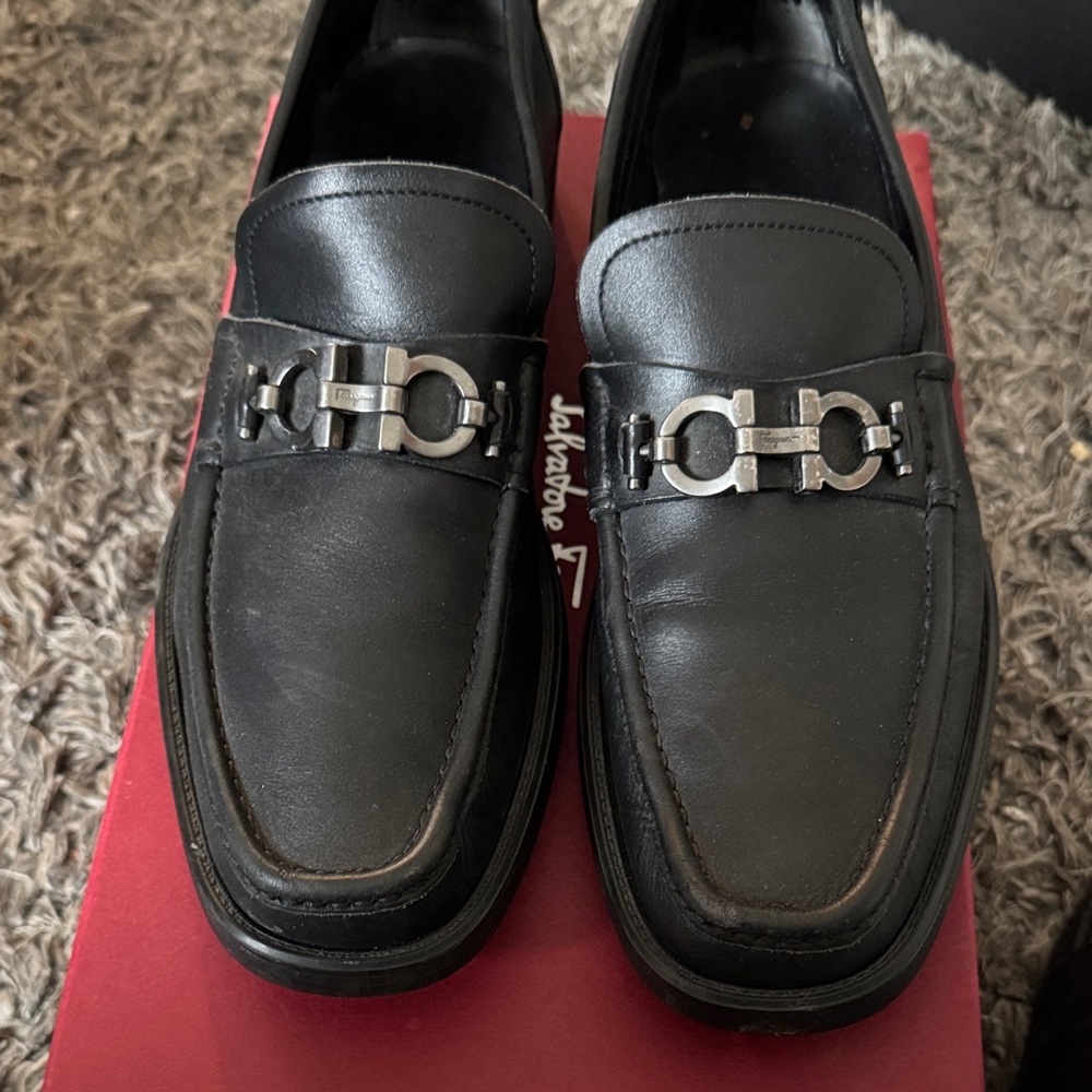 Salvatore Ferragamo Black Leather Slip-On Loafers
